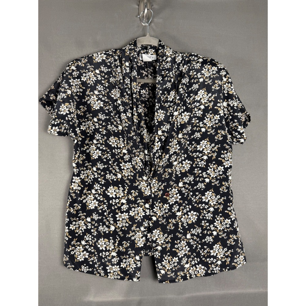 Premiere of California Blouse Women Size 10 Black Floral V-Neck Short Sleeve